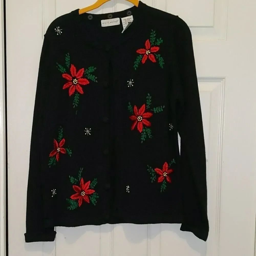 White stag black poinsetta button down cardigan Sz S (4/6)
